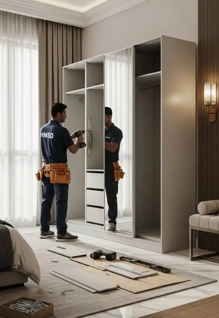 Handyman assembling a cabinet in Dubai, offering professional furniture assembly services to create functional and stylish storage solutions for homes and offices.