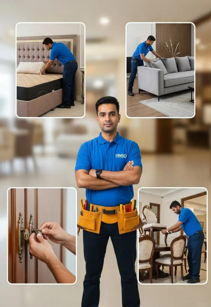 Handyman standing in the center, surrounded by icons showing bed, sofa, chair, table assembly, and wardrobe hardware installation, offering premium furniture assembly services in Dubai.