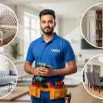 Handyman standing in a modern Dubai interior with icons showing luxury furniture services like custom sofas, cabinetry, and premium restoration.