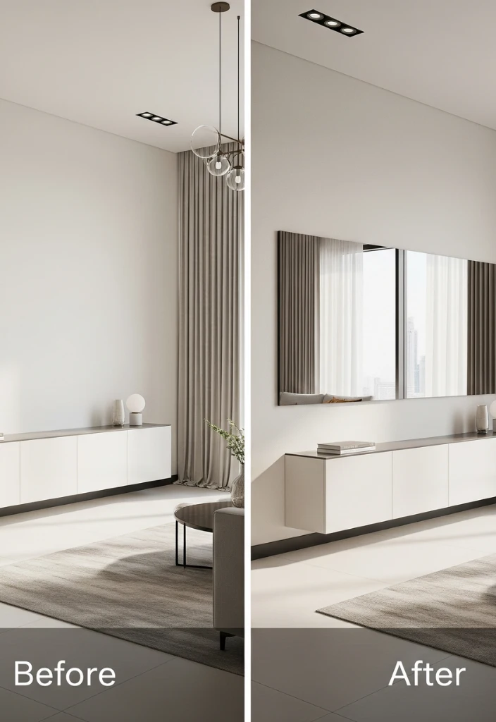 Side-by-side image showing a plain wall before and a neatly installed mirror after professional mirror installation service in a modern Dubai interior.