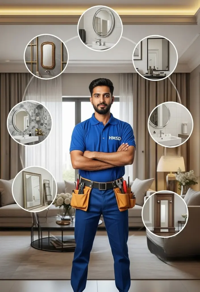 Handyman surrounded by tools, brackets, measuring tape, adhesive, and various mirror types while installing full mirror services in a Dubai residential space.