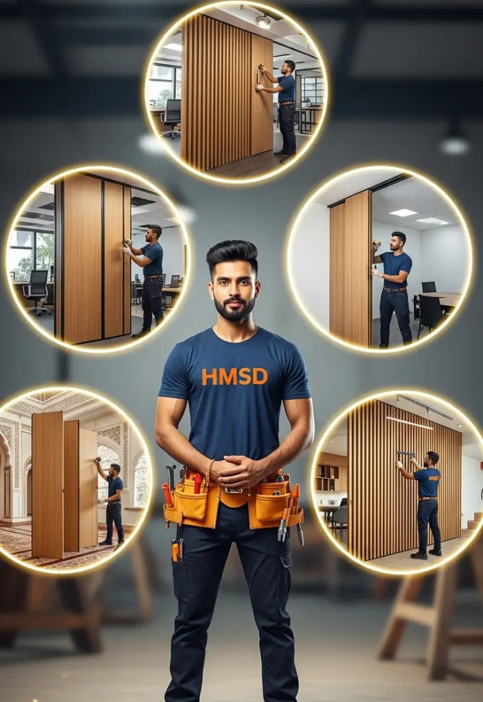 Technician demonstrates multiple movable partition installations in different environments.