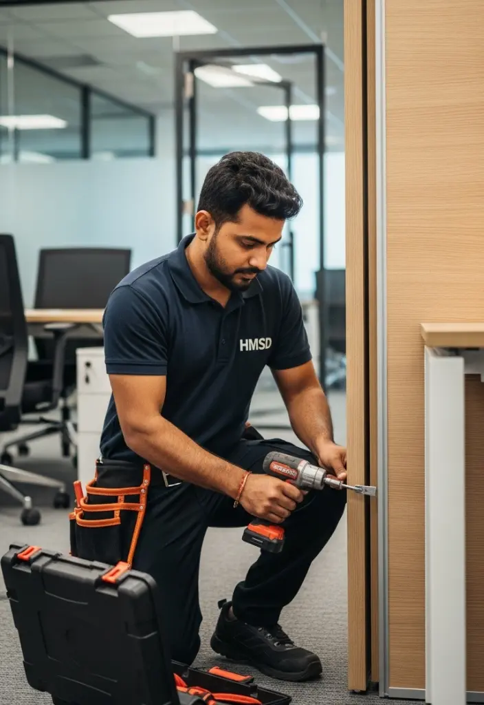 The technician kneels, using an electric drill to fix the office partition.