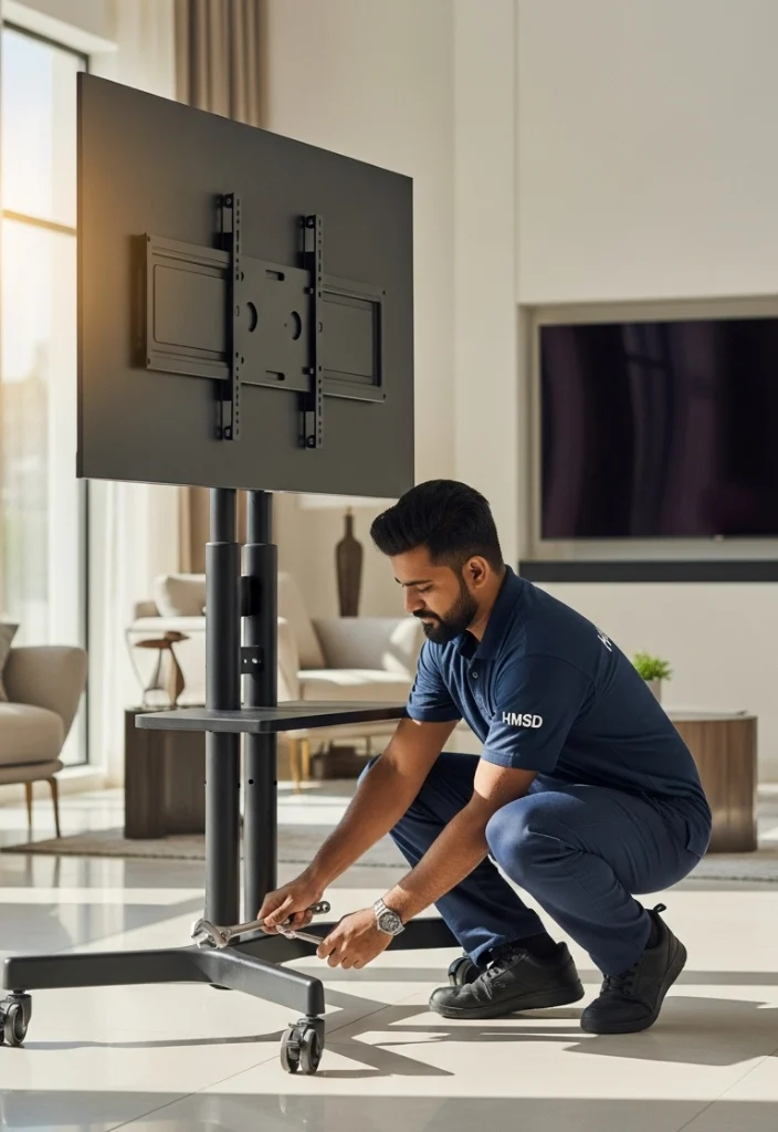 Handyman installing a moveable TV stand in a Dubai home, using tools to ensure stable base, secure screen mounting, and smooth mobility across the living area.