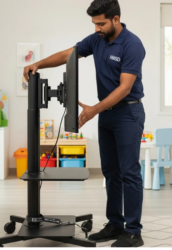 Handyman installing a moveable TV stand in a Dubai kids’ room, ensuring safe mounting and mobility with a sturdy base and child-friendly setup.