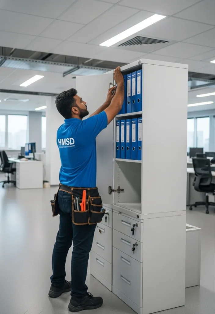 Handyman assembling cabinets in an office for HMSD Handyman Services Dubai