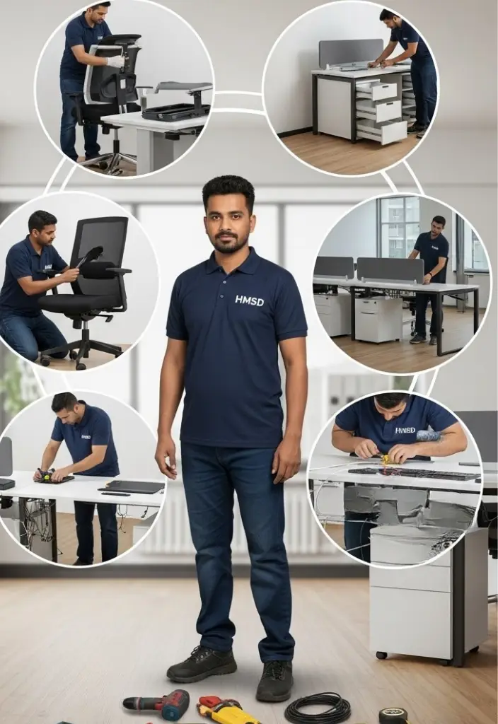 Handyman showcasing all types of furniture assembly in an office, including chairs, desks, and cabinets, for HMSD Handyman Services Dubai.