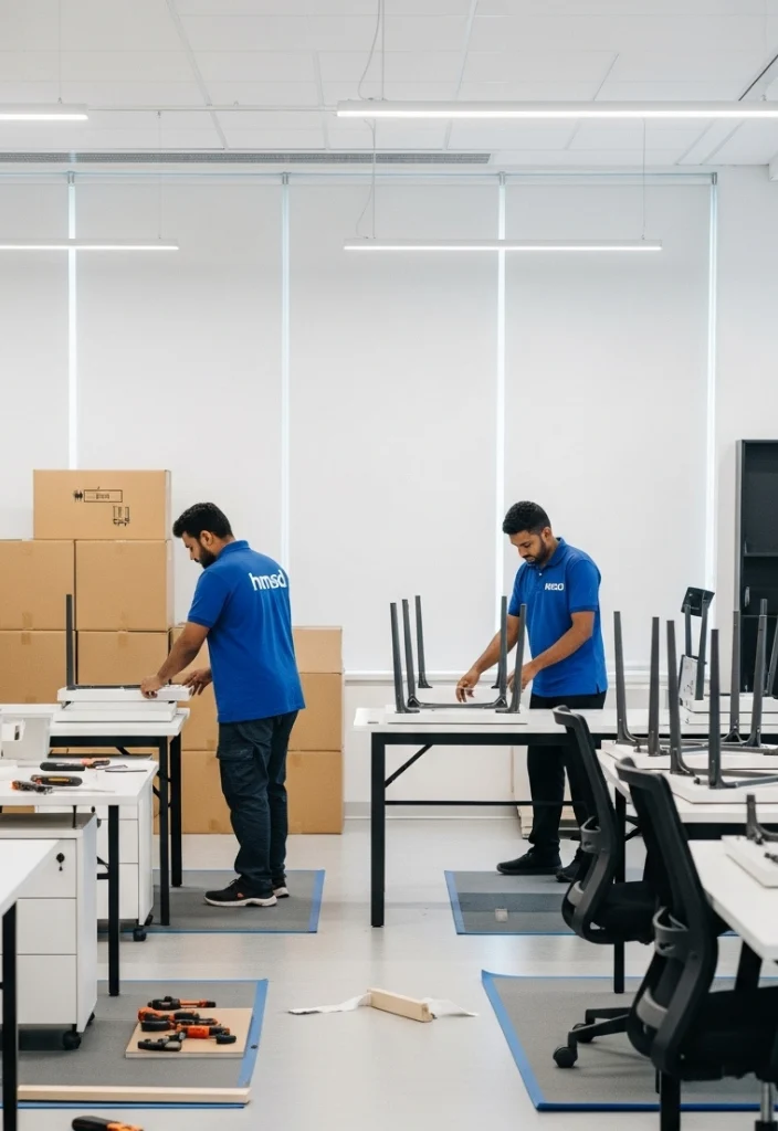 Two handymen relocating and assembling furniture in a new place for HMSD Handyman Services Dubai