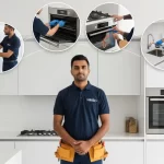 HMSD handyman demonstrating multiple oven, hob, and cooker installation services in Dubai kitchen