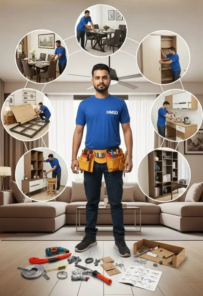 Handyman assembling Pan Emirates furniture in Dubai, providing professional furniture assembly service.
