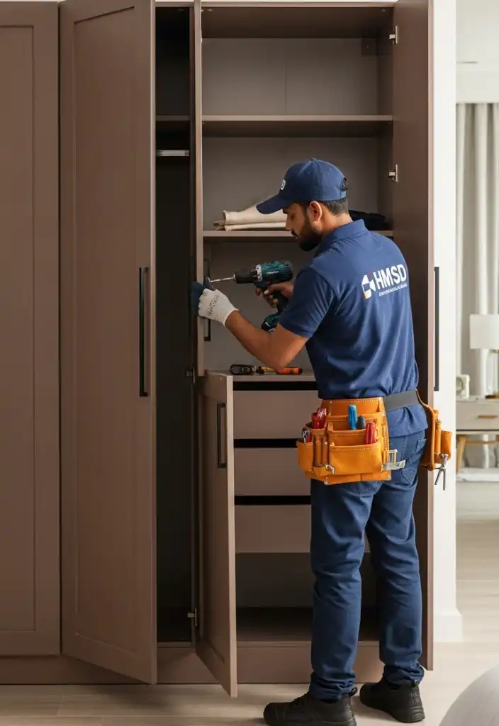 Handyman assembling a Pan Emirates wardrobe in Dubai, providing professional wardrobe assembly service.