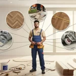 Carpenter standing with tools, parquet planks, polish equipment, and adhesive around him, representing complete parquet flooring services in a Dubai residential setting.