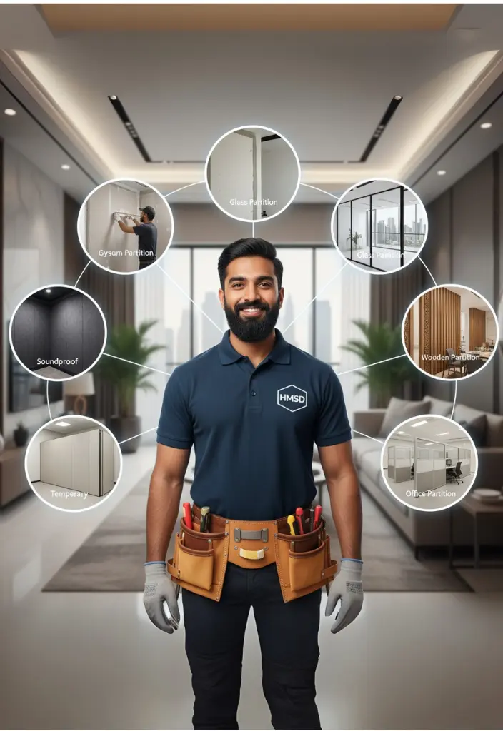 HMSD handyman in uniform with tool belt standing in modern villa, surrounded by circles showing gypsum, glass, wooden, office, and soundproof partitions.