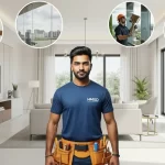 HMSD handyman in blue uniform with tool belt standing in Dubai villa, surrounded by circles showing gypsum, glass, wooden, office, and temporary partitions.