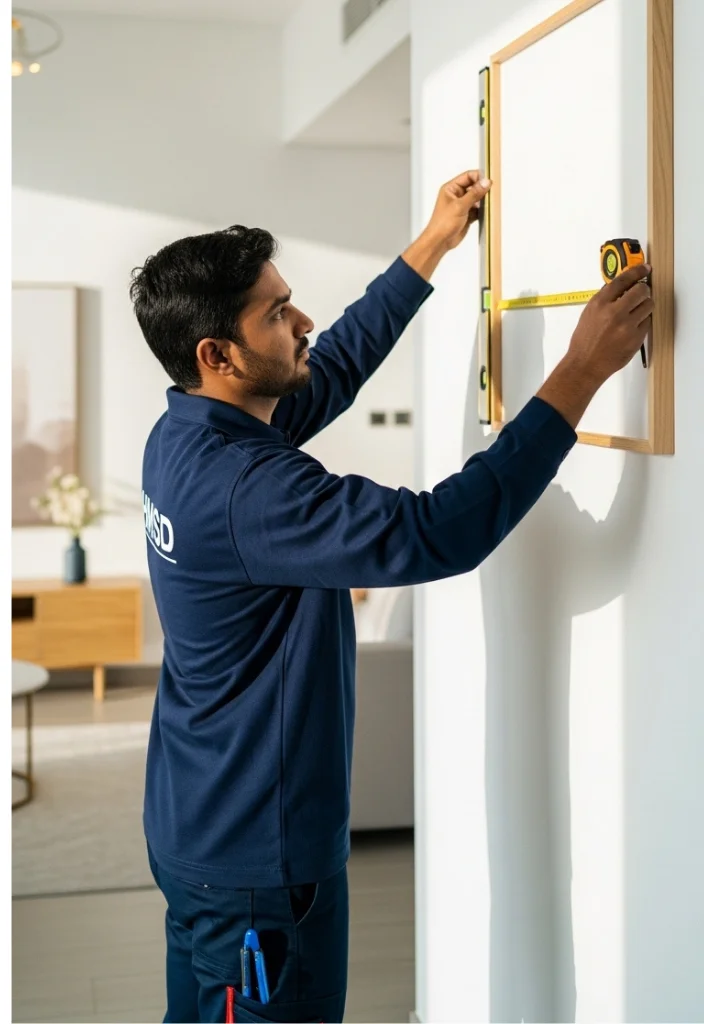 Handyman precisely installing a picture frame on the wall of a Dubai home