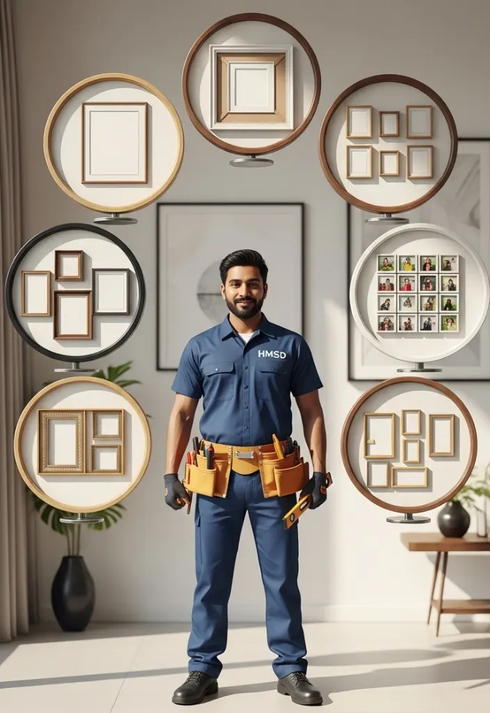 Handyman showcasing various types of picture frames in a Dubai interior setting