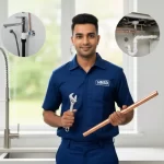 Plumber standing with tools, showcasing expertise in plumbing installation and replacement services including pipes, fixtures, and fittings in Dubai properties.