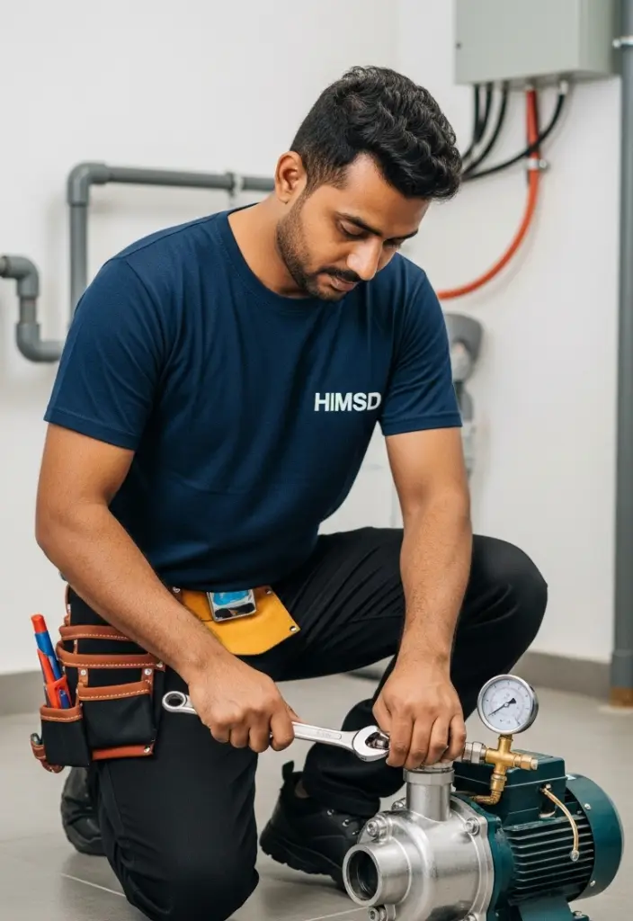 Indian handyman in HMSD uniform repairing a household water pump with a wrench inside a Dubai utility room.
