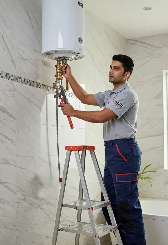 Dubai plumber expertly repairing and installing a water heater.