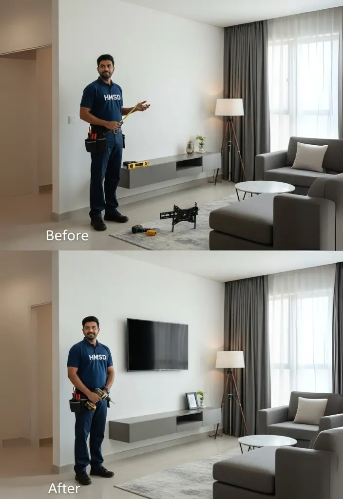 Before and after view of TV removal service by a handyman in Dubai, showing the wall-mounted TV taken down cleanly with proper handling and no damage.