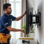Handyman installing a flat-screen TV on a wall in a Dubai apartment, ensuring secure mounting, cable management, and proper viewing height.