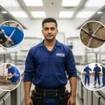Plumber standing with tools, surrounded by visuals of restaurant drain cleaning services such as grease trap cleaning, floor drain unclogging, pipe jetting, and odor removal in Dubai.