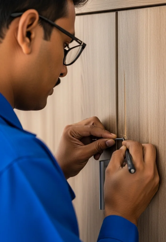 Carpanter using tools to repair scratches and dents in Dubai.