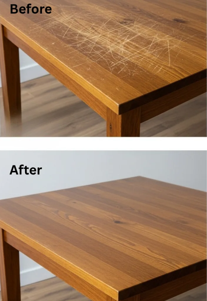Before and after image of a table repair, showing scratches on the table before and a fully furnished, scratch-free table after repair in Dubai.