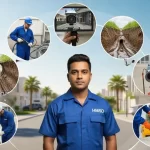 Handyman showcasing multiple sewer cleaning services in Dubai, including unclogging, sludge removal, high-pressure jet cleaning, and sewer odor elimination.