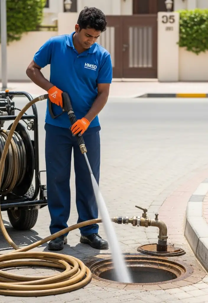 Handyman cleaning a sewer clog in a Dubai property using professional tools to remove blockages and restore smooth wastewater flow.