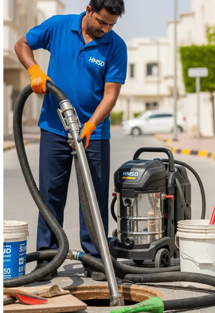 Handyman cleaning and repairing a sewer line in a Dubai property, removing blockages, sealing leaks, and restoring proper wastewater flow.