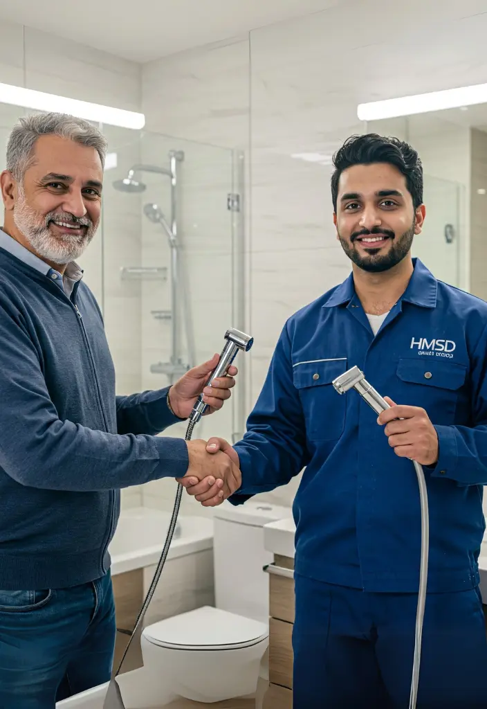 Skilled plumber in Dubai replacing a toilet commode bidet sprayer