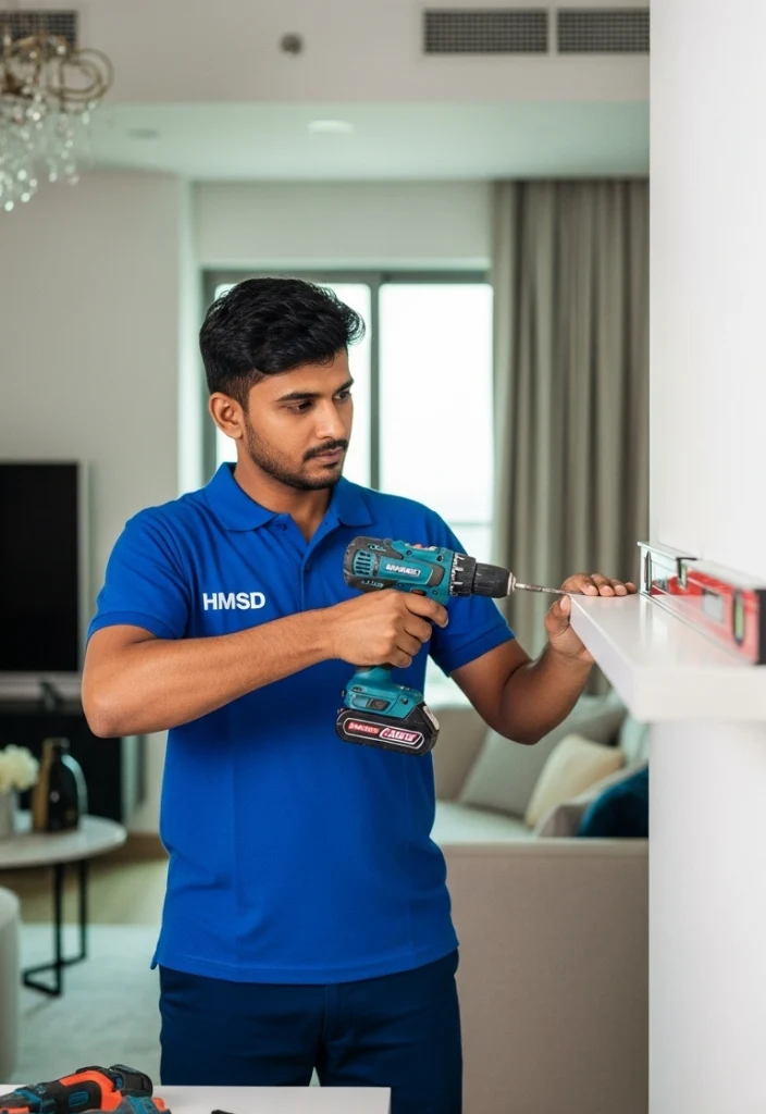 Carpenter using a drill to fix a wall-mounted shelf securely during installation work in a modern Dubai residential interior.