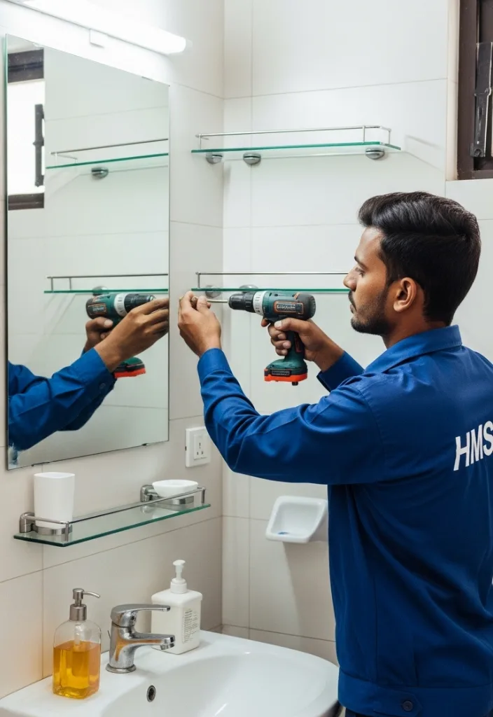 Handyman mounting a glass shelf on the bathroom wall using tools during a precise shelf installation service in a modern Dubai bathroom.
