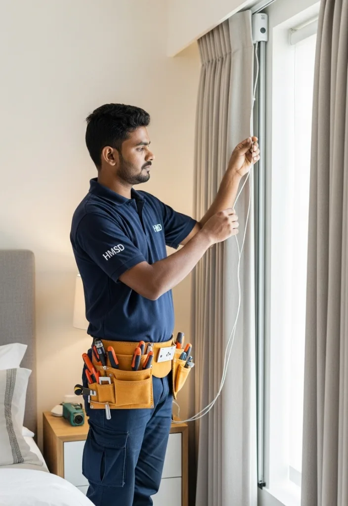 Handyman in Dubai installing remote-controlled curtains in a bedroom, ensuring secure motorized curtain track setup for smooth and convenient wireless curtain operation.