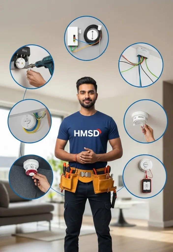 HMSD handyman with various smoke detector wiring, installation, and testing steps displayed around him