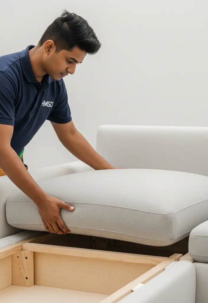 A technician fitting a sofa cushion during sofa assembly service in Dubai.