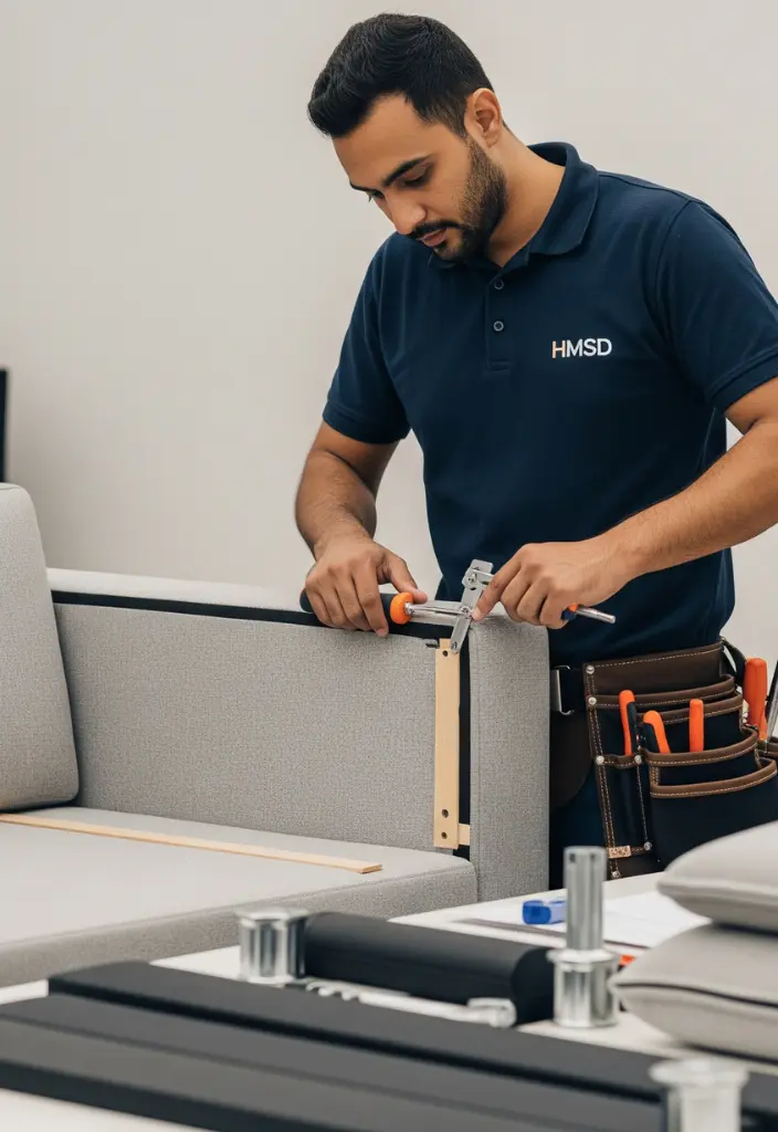 Man in HMSD uniform assembling a modern grey sofa with tools.