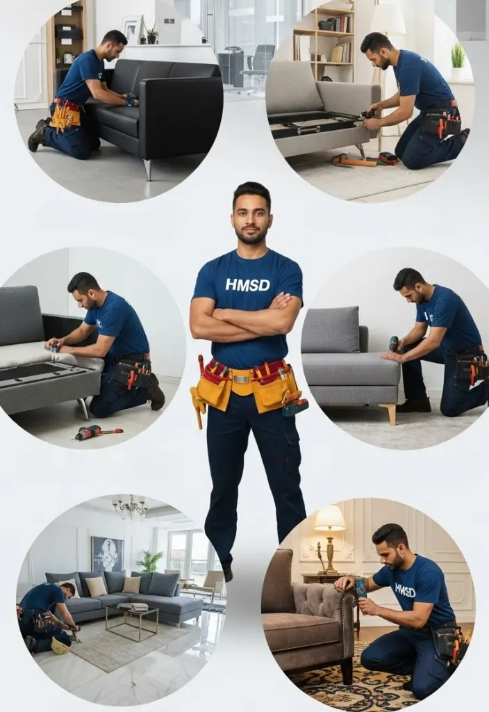 Indian HMSD handyman in the center with tool belt, surrounded by six realistic sofa assembly scenes in different Dubai locations