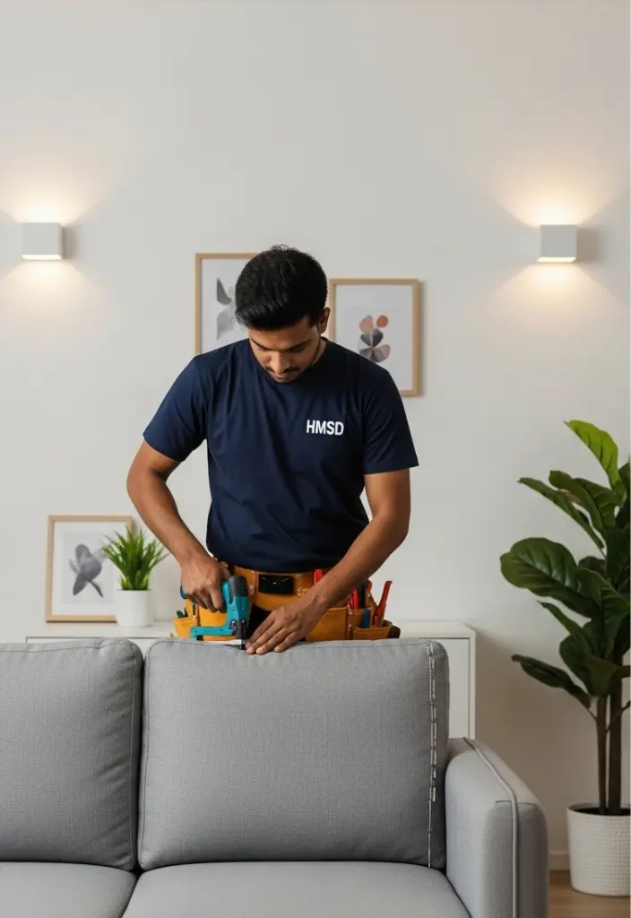 A technician using a power tool to repair the top frame or back of a sofa.