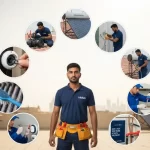 Indian handyman standing with circles showing solar water heater services on Dubai rooftop