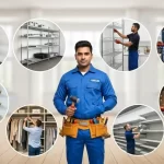 Handyman presenting a variety of installed storage racks in Dubai, including wall-mounted, freestanding, kids’ racks, and heavy-duty shelving units.