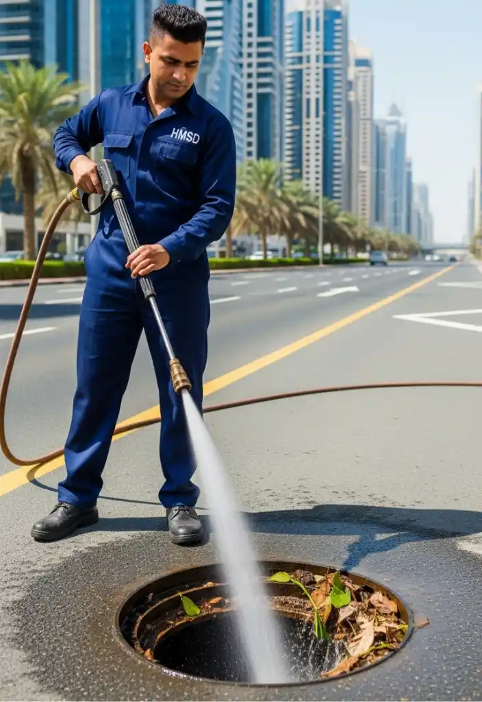 Handyman removing drain clogging in Dubai using hydro pressure cleaning, blasting water at high speed to clear debris and restore smooth flow.