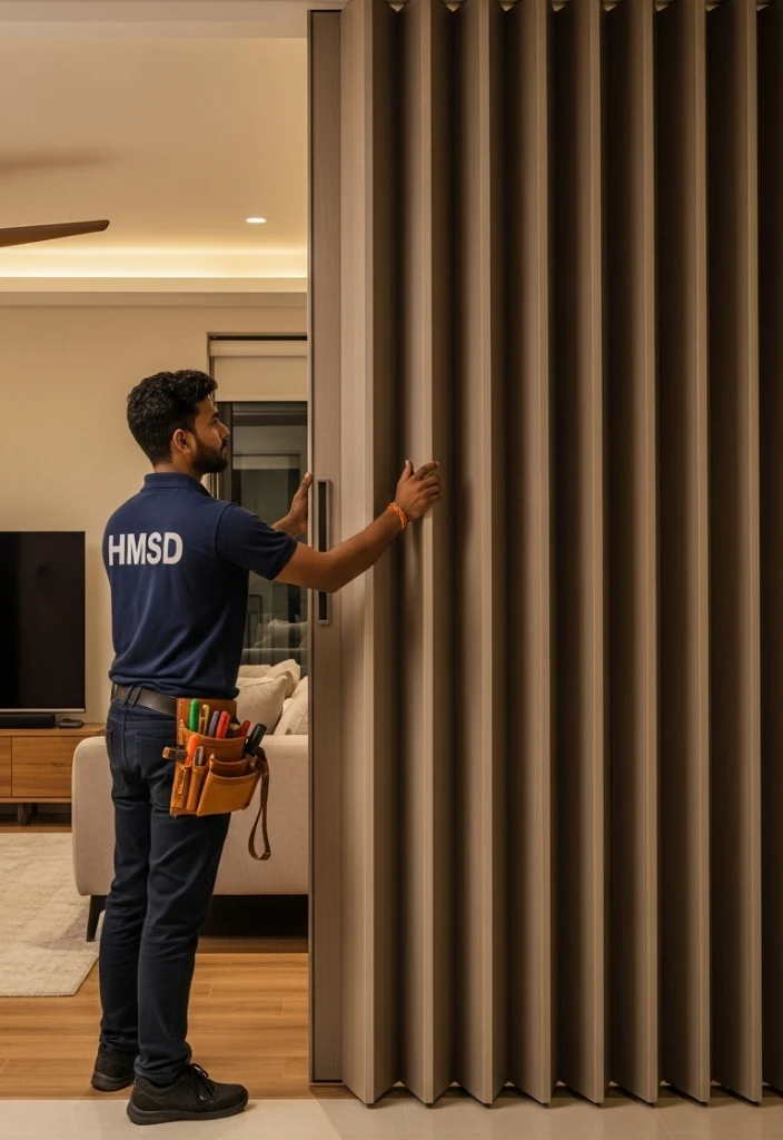 Handyman installing a foldable partition in an apartment room, offering space-saving and flexible partitioning solutions in Dubai.