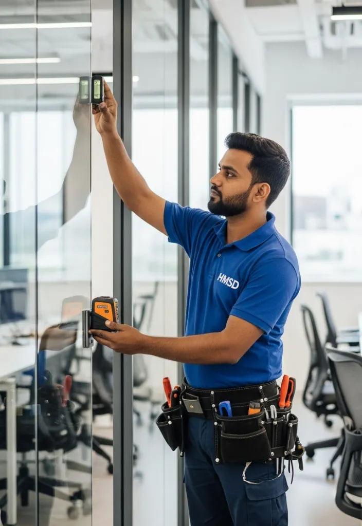 Handyman installing a glass partition in an office, offering modern and elegant solutions to divide office spaces in Dubai.