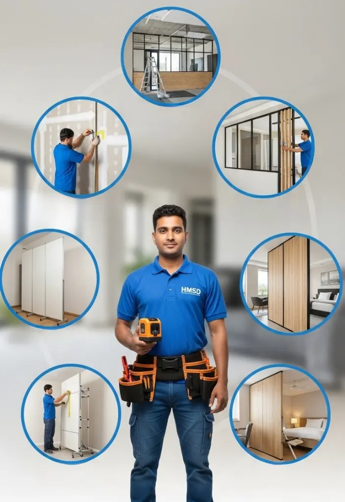 Handyman standing with icons around him representing various partitioning services like glass, gypsum, wooden, and movable/foldable partitioning solutions in Dubai.