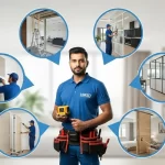 Handyman in Dubai standing surrounded by circles showcasing temporary partition services like gypsum, glass, wooden, and office partitions in a modern interior.