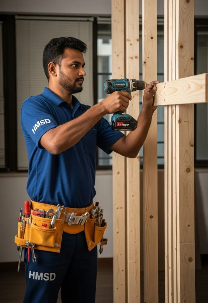 Handyman installing a wooden partition in a house, offering expert partition services to create functional and aesthetic spaces in Dubai.