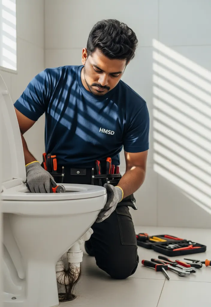 Indian handyman removing hair blockage from toilet drain in Dubai bathroom