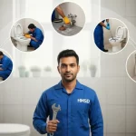Handyman showcasing multiple toilet plumbing services in a Dubai property, including flush repair, pipe leak fixing, clog removal, and toilet seat installation.